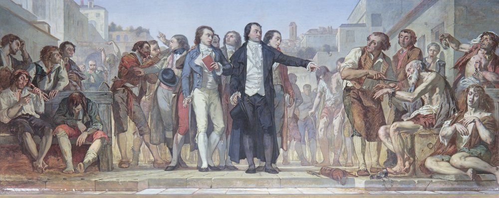 Charles Louis Lucien Muller Philippe Pinel 1745 1826 releasing lunatics from their chains at the Bicetre asylum in Paris in 1793 c1840 50 see 163911 for detail MeisterDrucke 179742 — Філіпп Пінель і революція в психіатрії